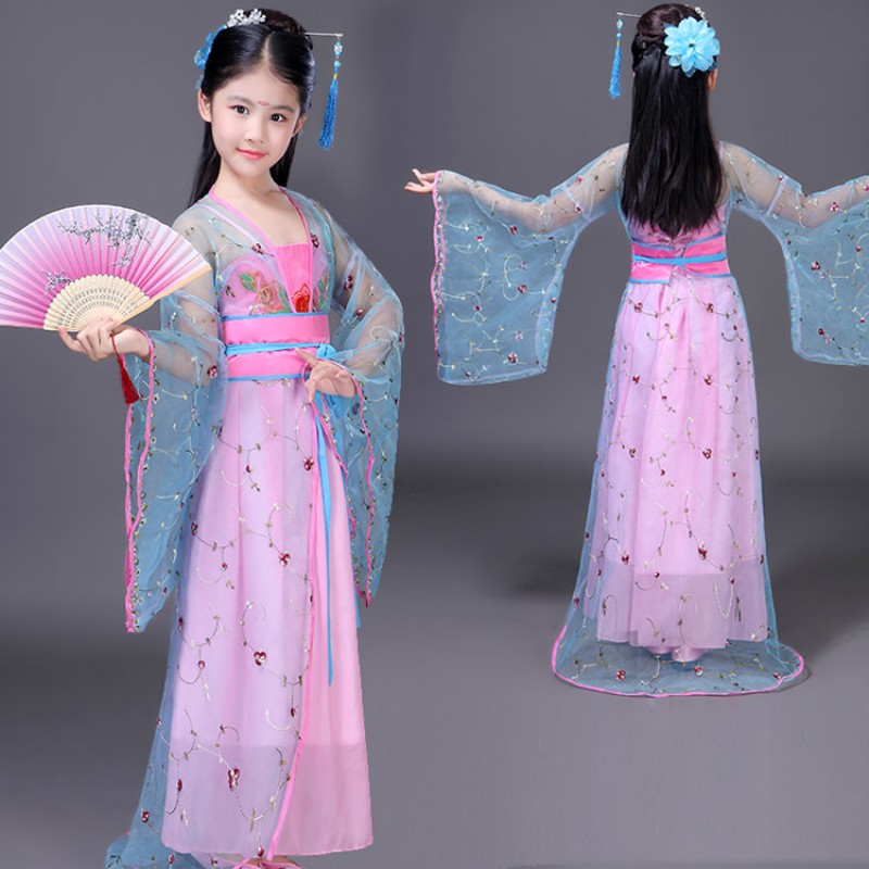 Children traditional Chinese folk dance costumes fairy drama princess tang dynasty hanfu kimono cosplay stage performance dresses robes