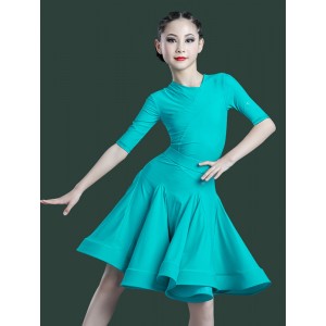 Children Turquoise Latin ballroom dance dresses Girls mid-sleeve latin performance costumes latin dance practice clothes