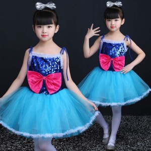 Children Turquoise with fuchsia sequined Modern jazz dance dress for girls Princess model show dresses choir singers stage performance costume