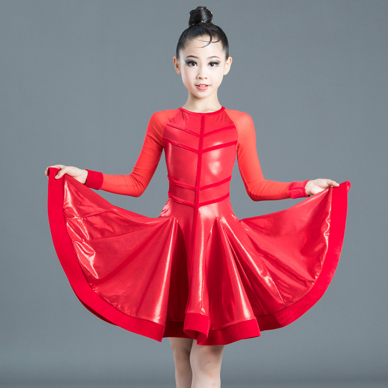 children violet red yellow compeititon latin dressess long sleeves Latin dance dress competition skirts for girls