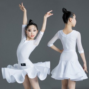 Children white black lace latin dressess Latin dance dress competition uniforms stage performance latin skirts