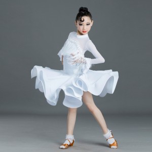 Children White fringed latin competition dance dresses long sleeves professional ballroom competition regulations dance costumes for girls 