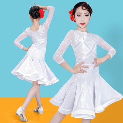 children white green Latin dance competition clothing professional girls long sleeve round neck latin dress children dance clothing