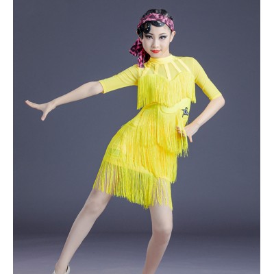 Children yellow fringed latin dance dresses girls fringed latin dance skirt kids Latin dance performance examination skirt