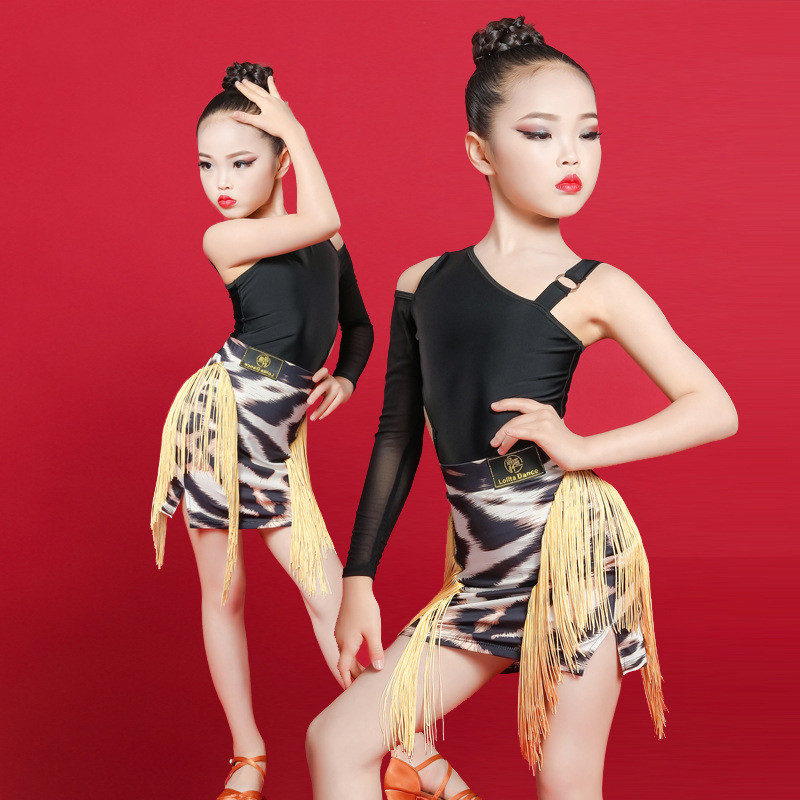 Children yellow leopard fringed Latin dance dresses Girls latin dance skirt stage performance latin competition outfits for kids