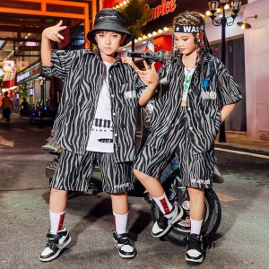 Children Zebra printed Street rapper jazz dance costumes for kids boy girl  gogo dancers stage performance outfits model show suit