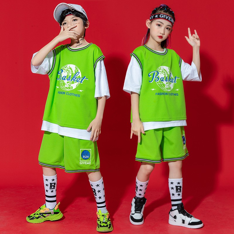 Children's basketball training suit rapper singers hiphop street dance  costumes for boys girls short-sleeved kindergarten cheerleaders performance