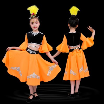 Children's Black with orange Chinese folk Xinjiang dance costumes, girls' Uyghur dance dresses, children's ethnic minority hui dance costumes