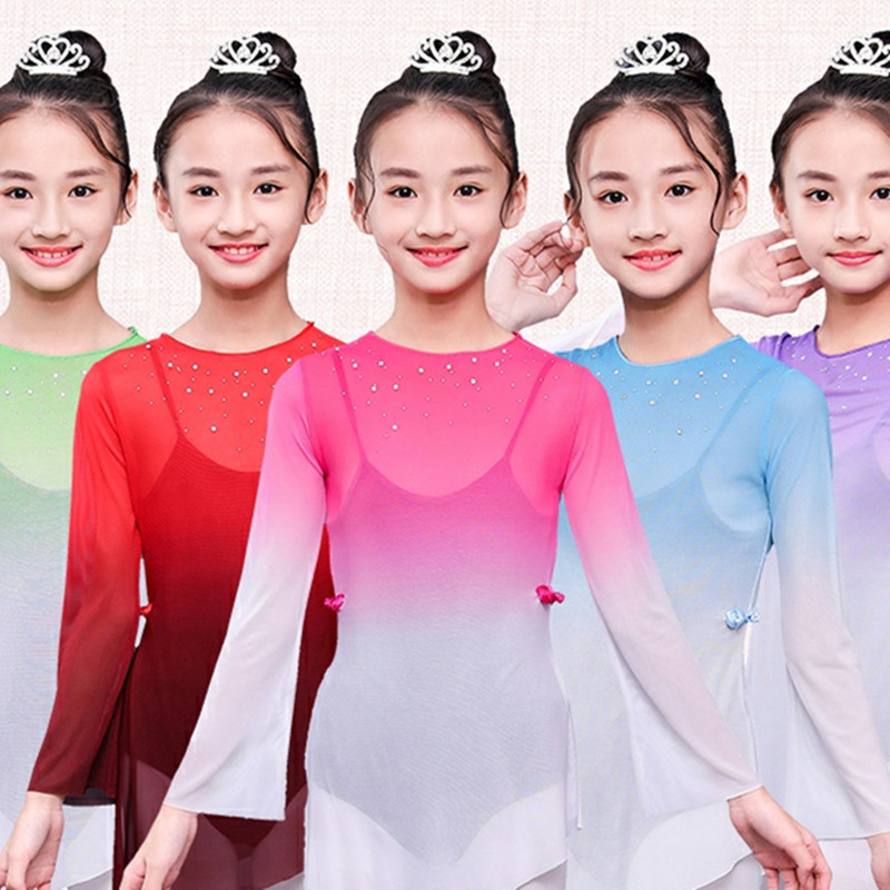 Children's Chinese classical dance tops girls ballet modern practice tulle shirts Chinese dance examination dance shirts for girl