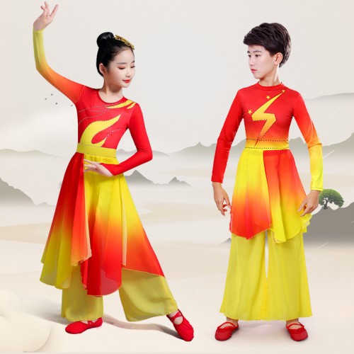Children's Chinese dragon drum folk dance costume wushu kung fu uniforms for boy girls red song chorus performance costume Chinese style my motherland dance clothes