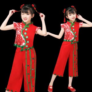 Children's Chinese festive dragon drum performance clothes for kids girls Chinese folk dance costumes Toddlers open the door Yangge dance suit