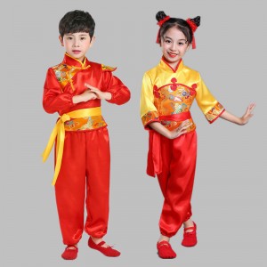 Children's chinese yangko folk dance costumes dragon drum performance clothes for boys girls martial art wushu uniforms for kids