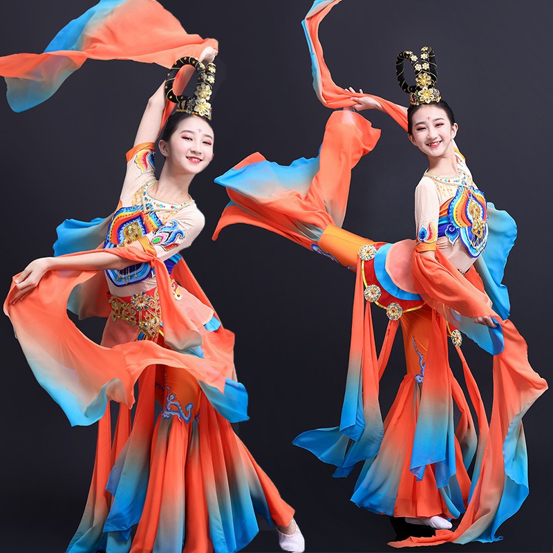 Children's fairy classical dance Dunhuang flying dance performance costume for girls orange blue flowing Ribbon Hanfu performance Dresses