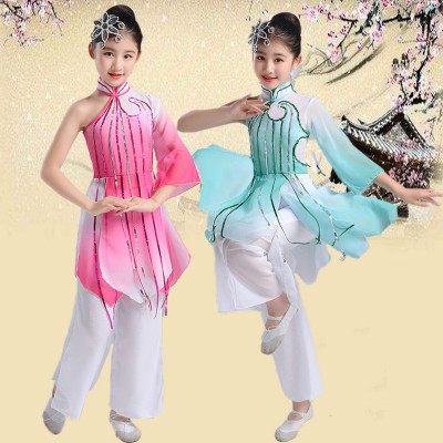 Children's Girls blue pink folk classical dance costumes Hanfu fairy princess dance dress Chinese style girl performance Yangko folk dance fan dance outfits