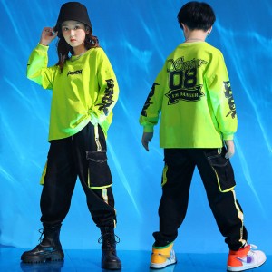 Children's  girls boys green color hip-hop street dance costumes boys hiphop jazz dance outfits for kids girls jazz dance costumes