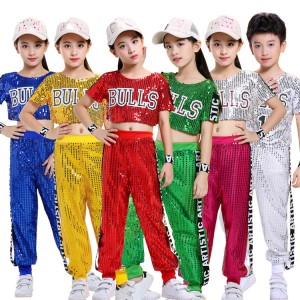 Children's girls boys modern dance paillette jazz street dance hip hop School competition exercises costumes cheerleading performance tops and pants 