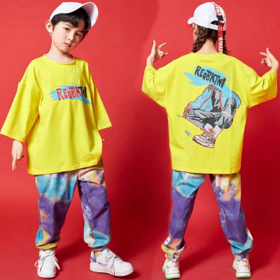 Children's girls boys yellow rainbow rapper hip-hop hiphop street dance outfits trend jazz dance costumes gogo dancers drummer stage performance suit for kids