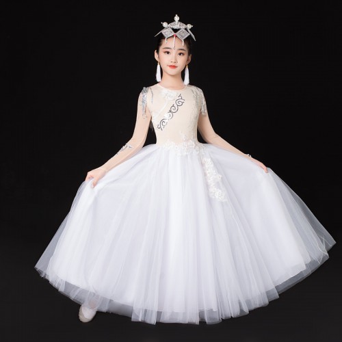 Children's girls Chinese folk classical dress white color Mongolian performance clothes ancient traditional fairy princess dance skirt