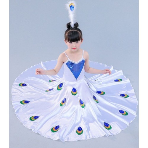 Children's Girls white blue yellow peacock dance dresses Dai dance ethnic performance costumes Children's Dai Thailand dance skirt  peacock dance outfits for baby