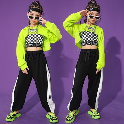 Children's green with white plaid rapper singer street hiphop jazz dance costumes for girls trend model show photos shooting trend modern dance outfits for kids
