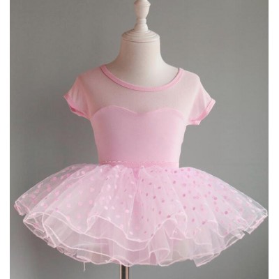 Children's Light pink ballet dance dresses polka dot tutu skirts girls' ballerinas Toddler tulle skirt short-sleeved modern dance ballet practice exercise clothes