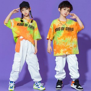 Children's orange colorful orange jazz dance hiphop rapper street dance costumes tie-dye hip-hop gogo dancers short-sleeved shirt and pants girls boys model show suits 