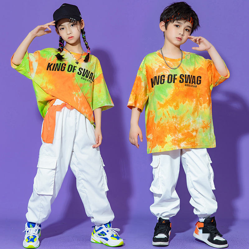 Children's orange colorful orange jazz dance hiphop rapper street dance  costumes tie-dye hip-hop gogo dancers short-sleeved shirt and pants girls  boys