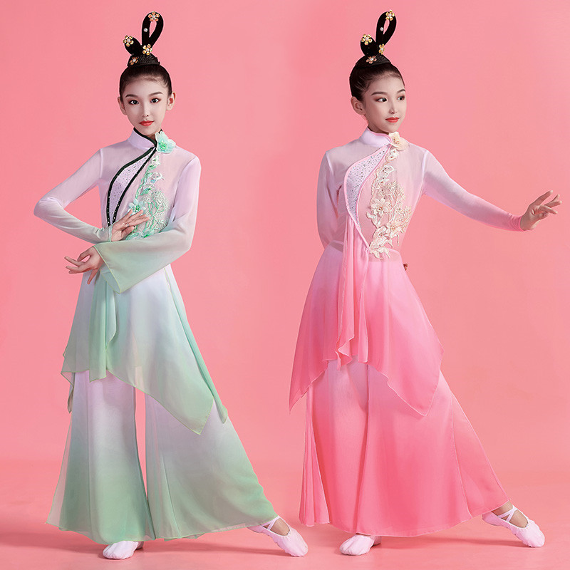 Children's pink green gradient chinese folk classical dance costumes waterfall sleeves fan umbrella fairy dance clothes chinese princess dance hanfu for girls