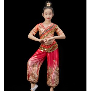 Children's Pink Indian Bollywood saree Queen dance costume girls Xinjiang belly dance dresses ethnic style costumes suit for Girls