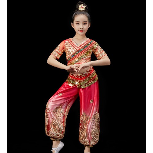 Children's Pink Indian Bollywood saree Queen dance costume girls Xinjiang belly dance dresses ethnic style costumes suit for Girls