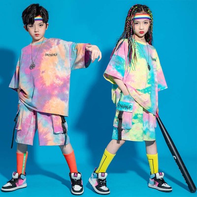 Children's rainbow colored hip-hop dance outfits boys hip-hop performance costumes girls jazz dancewear catwalk trendy clothes
