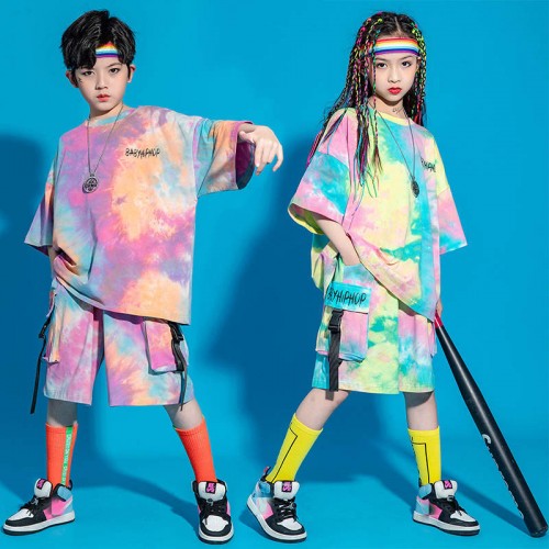Children's rainbow colored hip-hop dance outfits boys hip-hop performance costumes girls jazz dancewear catwalk trendy clothes