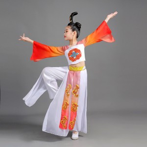 Children's red gradient color Chinese folk classical dance dreses Tang Dynasty princess queern dance costumes fan umbrella yangge dance clothes for kids