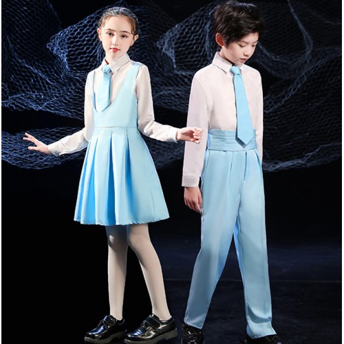 Children's school chorus costumes White blue color boys girls Choir students recite performance outfits modern dance wear for kids