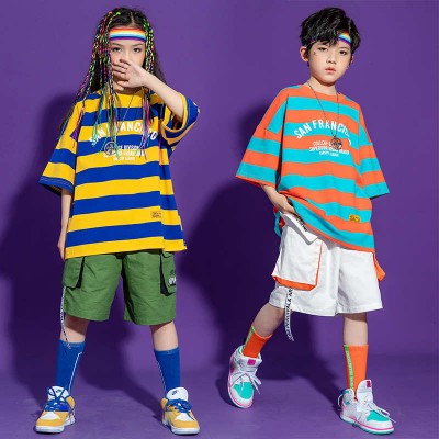 Children's yellow striped hip-hop jazz dance costumes boys short-sleeved striped rapper singers performance tide clothes girls jazz dance clothes