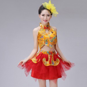 China style chinese folk dance dresses for women red blue gold dragon drummer fan yangko stage performance photos cosplay dresses