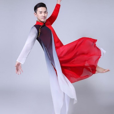 China style men's chinese folk dance costumes kungfu wushu black and red martial stage performance cosplay dancing tops and pants
