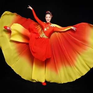 China style red with gold chinese folk dance costumes opening dance fairy dress women's ancient traditional classical dance dress