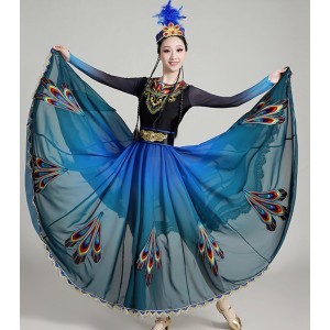 Chinese blue green Xinjiang dance performance dresses female xinjiang ethnic style Uighur opening dance big swing skirt art test performance costume adult long skirt