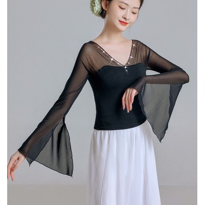 Chinese Classical dance top women's black gauze stitching rhinestones water sleeves modern dance tops side slit sleeves  belly latin body training blouses