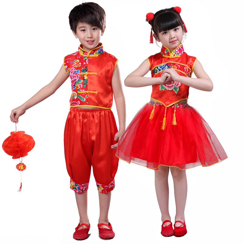 Chinese dragon drummer performance costumes for boy girls Children rap chinese red costume children Lantern costume Chinese dream performance girl red Yangko Costume