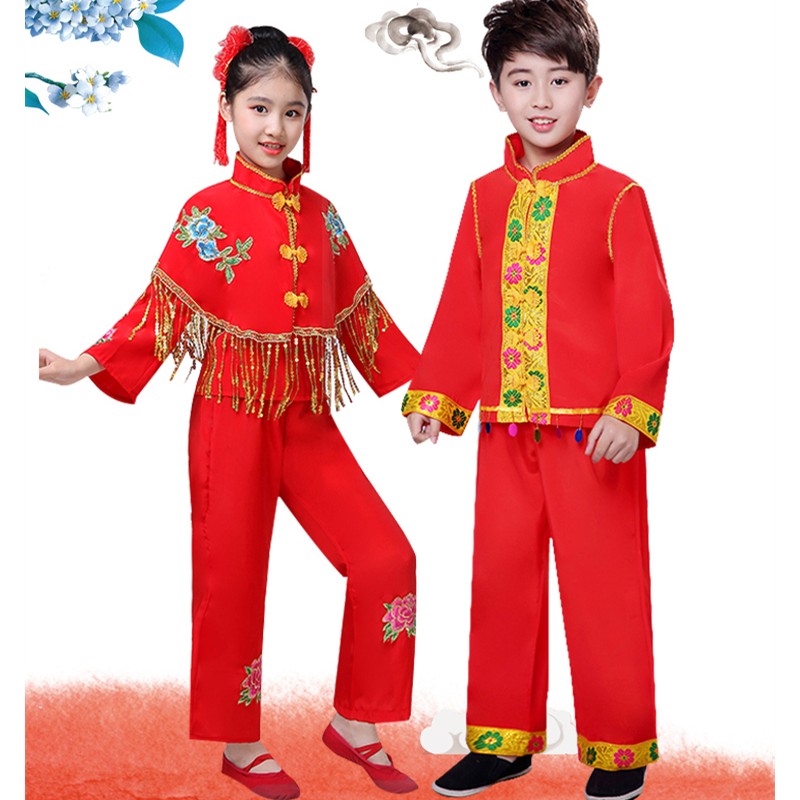 Chinese dragon drummer performance costumes for boy girls Children's Chinese knot Yangko clothing children's drum costume, opening ceremony red dance performance dress