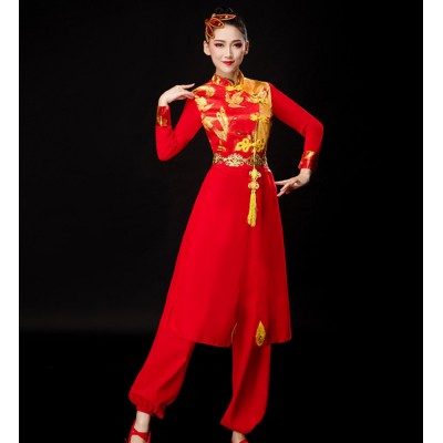 Chinese dragon waist drum red folk dance  costumes female chinese style yangko dance dresses dragon lion dance suit for woman