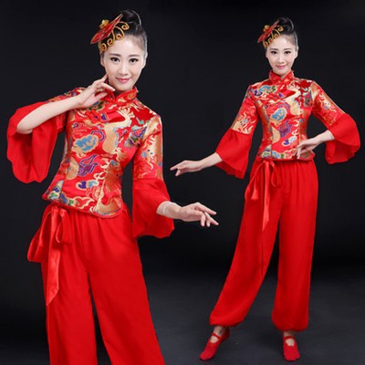 Chinese Dragon Yangge Dance Costumes For Women Girls Chinese wind waist drum national dance Clothes square dance drumming suit female
