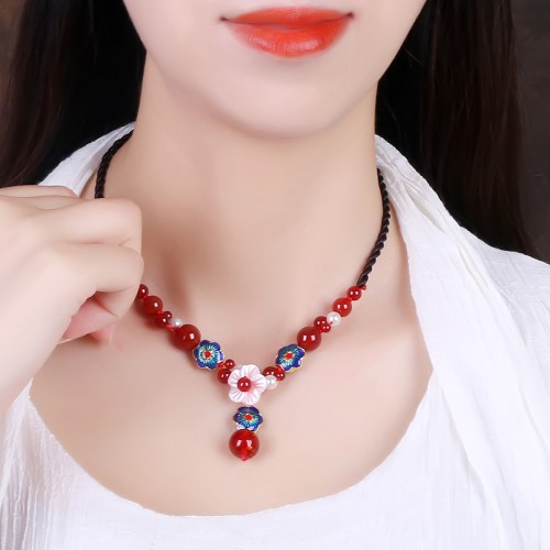 Chinese dress hanfu oriental retro Necklace female clavicle chain cloisonne female agate short stage performance photos shooting antique pendant necklace