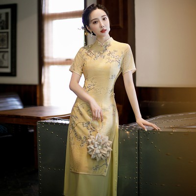 Chinese dress yellow floral qipao dress chongsam dresses  for women Long Qipao Tianma Double-layer Qing Ao Dai Dress