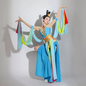  Chinese Fairy classical costumes for women girls Blue color Dunhuang flying dance dresses waterfall sleeves Western classical performance clothes for female