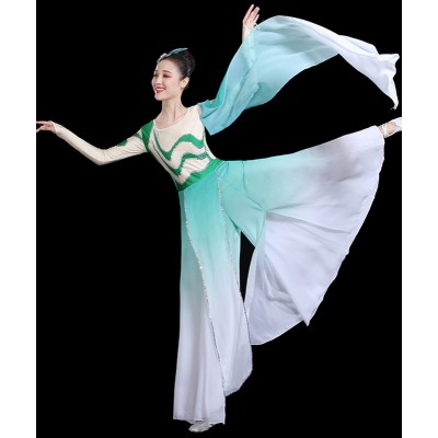 Chinese folk Classical dance costume turquoise gradient colored gradient umbrella fan dance dress waterfall sleeves fairy princess dance dress for female
