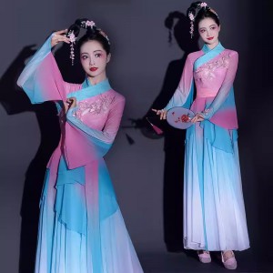 Chinese folk Classical dance costumes for women girls flowing pink blue fairy hanfu princess Dance dresses art test fans yangge dance sets for female
