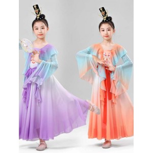Chinese folk Classical dance costumes hanfu purple orange gradient hanfu fairy dress for children Antique flowing princess skirts Chinese dance practice costumes